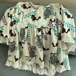 Kids Owl Print Top with Lace Trim